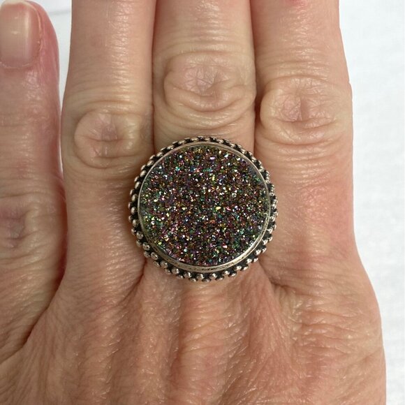 Sterling Silver 925 FD Felecia Designs Round Titanium Aura Druzy Ring Size 7 - Picture 1 of 16